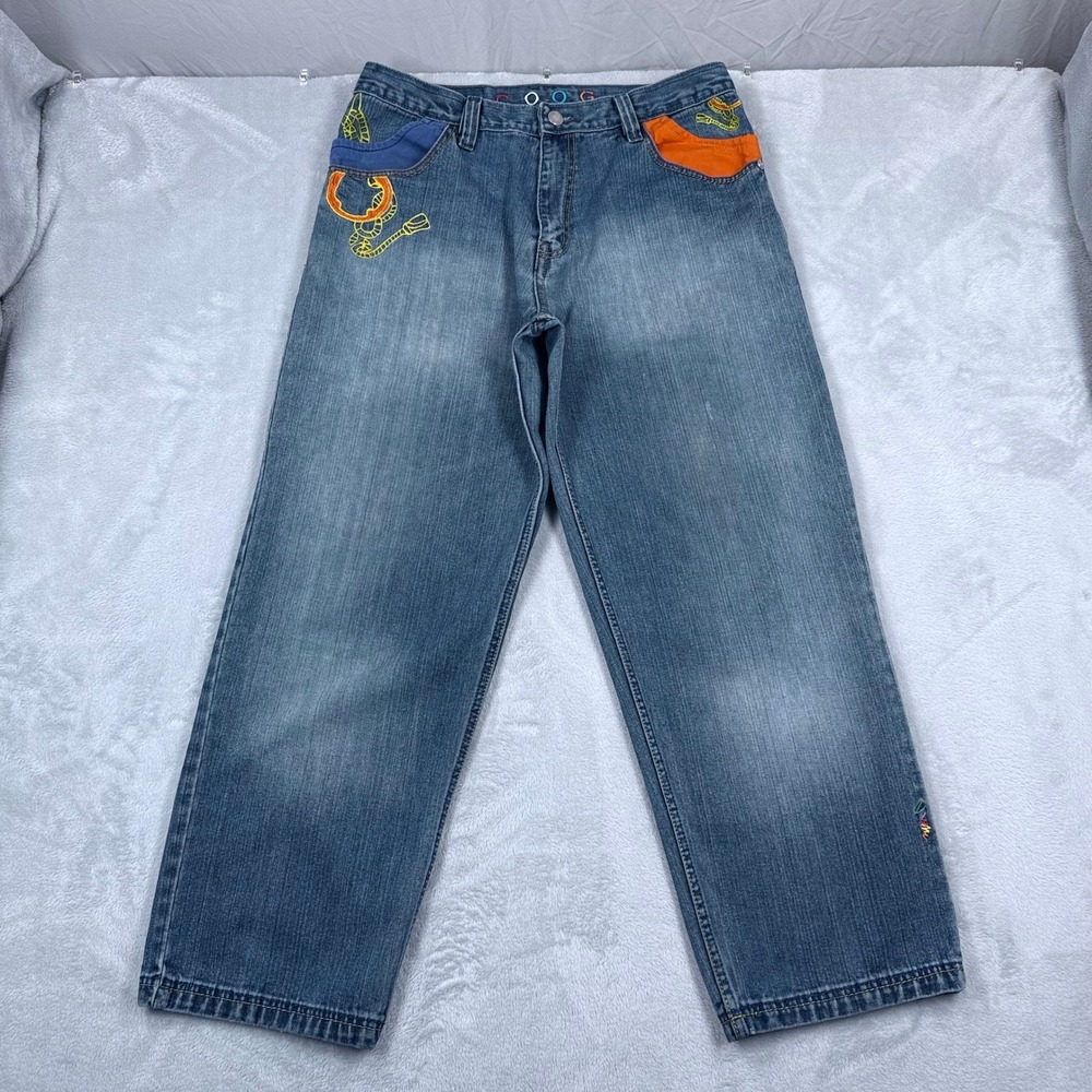 Coogi Embroidered Patch Denim Jeans Mens 36x30 Baggy Sydney Milan New York Blue